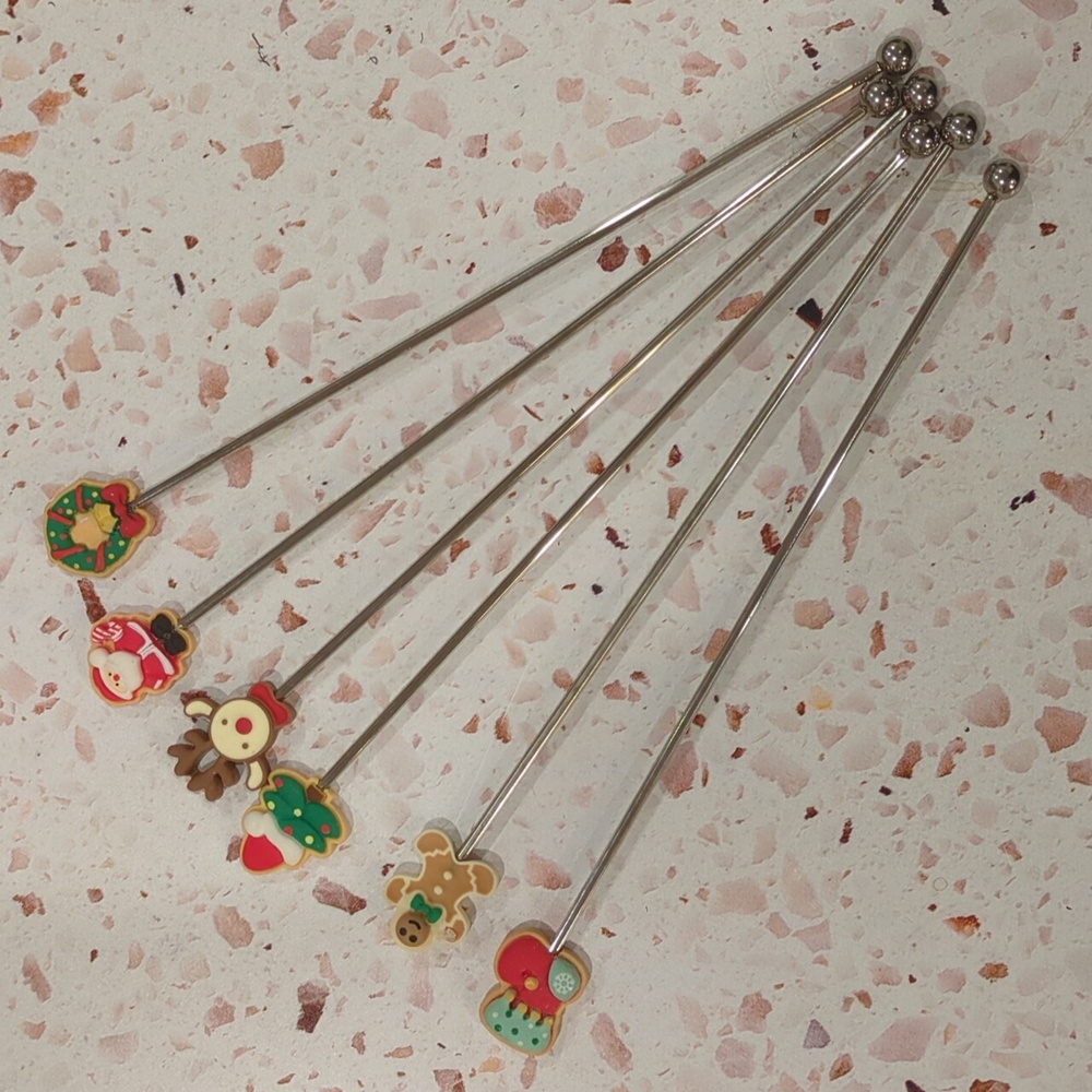Christmas Swizzle Sticks | Set of 6 | Stainless Steel and Resin Stir Sticks